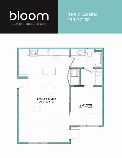 Floor plan for 1 bed, 1 bath, 771 sqft